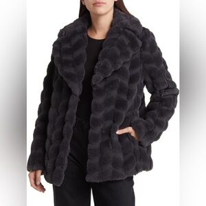 Via Spiga Black  Faux Fur Grooved Herringbone Coat XL